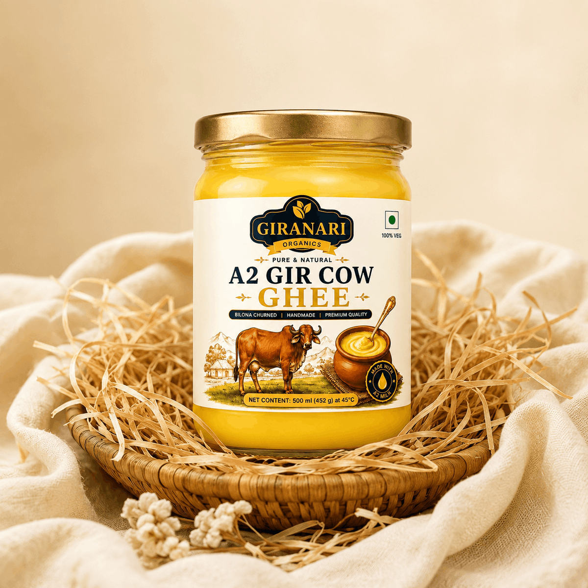 Giranari Organics A2 Gir Cow Ghee, Bilona Churned, 100% Natural