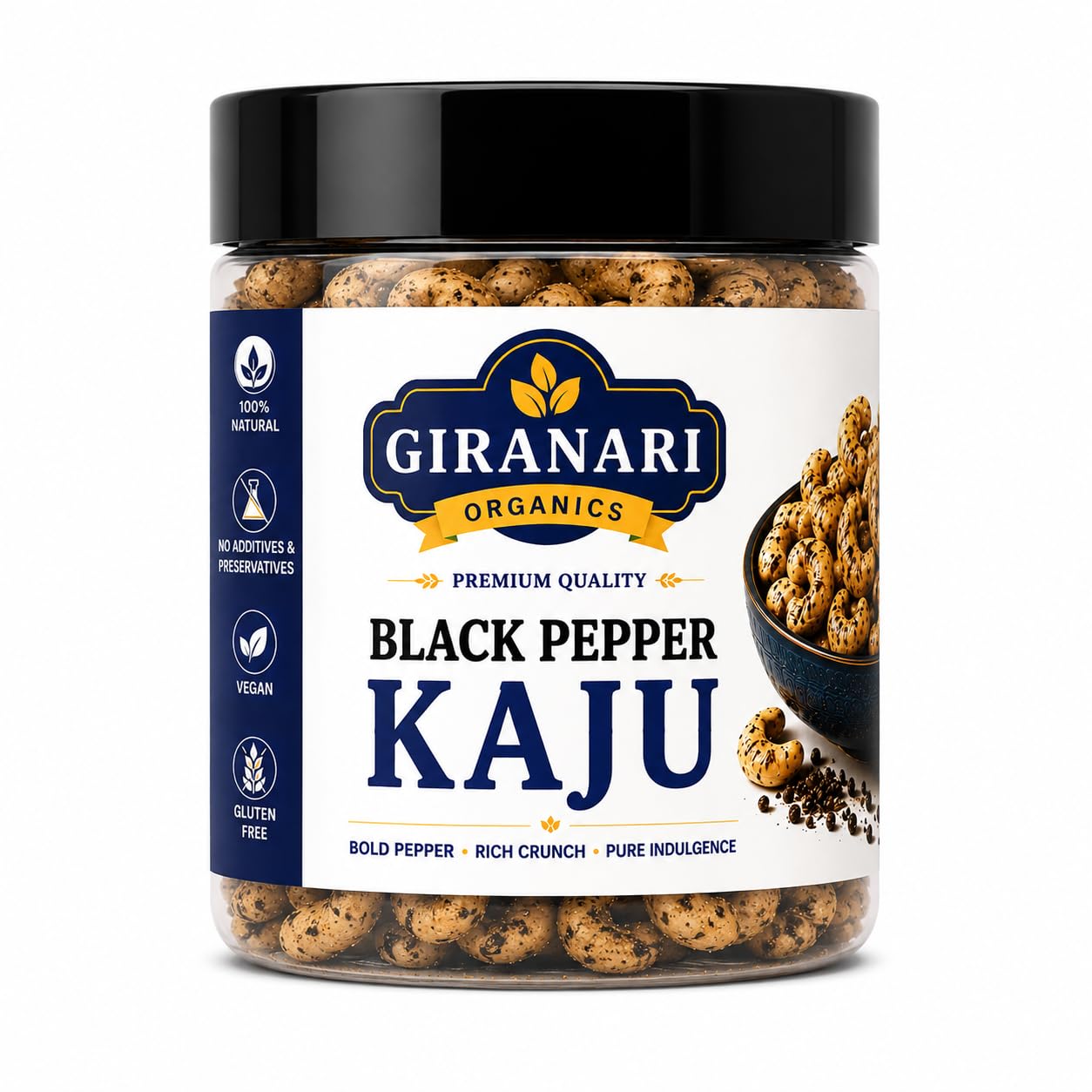 GIRANARI ORGANICS Black Pepper Kaju Premium Roasted Cashews, Crunchy Pepper Flavoured Cashew Nuts Snack, Ready to Eat Gourmet Dry Fruit Munching, Healthy Tea Time Snack for Family and Festive Gifting (250g)