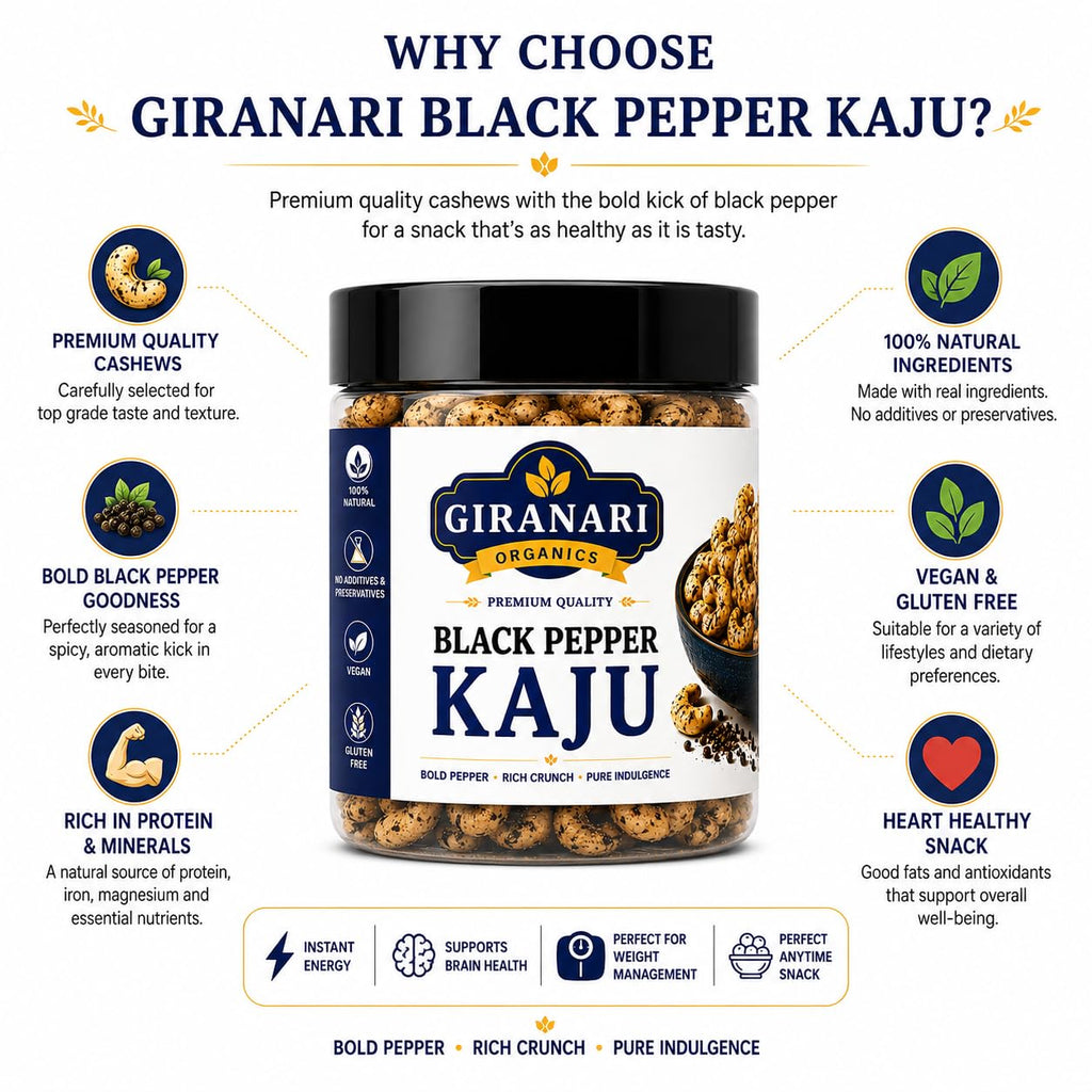 GIRANARI ORGANICS Black Pepper Kaju Premium Roasted Cashews, Crunchy Pepper Flavoured Cashew Nuts Snack, Ready to Eat Gourmet Dry Fruit Munching, Healthy Tea Time Snack for Family and Festive Gifting (250g)