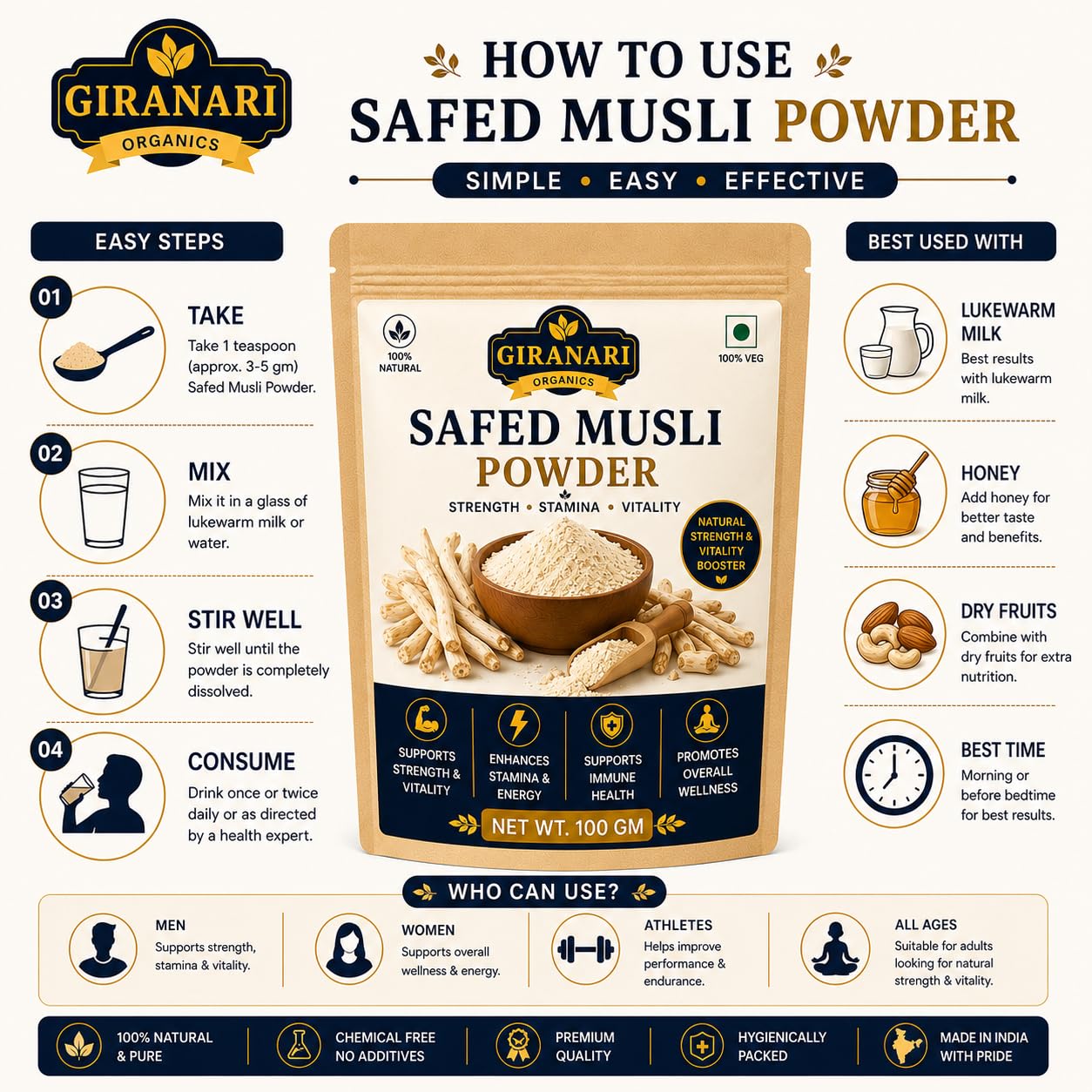 Safed Musli Powder, 100% Natural, Strength, Stamina & Vitality Booster, Supports Immune Health, 100 gm