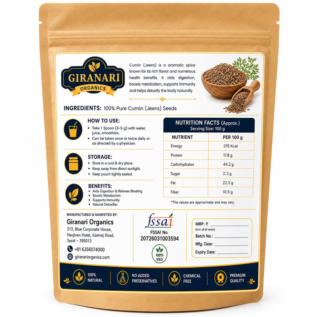 Giranari Organics Cumin (Jeera) Seeds, 100% Natural, Whole Spice, Rich in Nutrients and Antioxidants, Vegan, Gluten Free, 100g