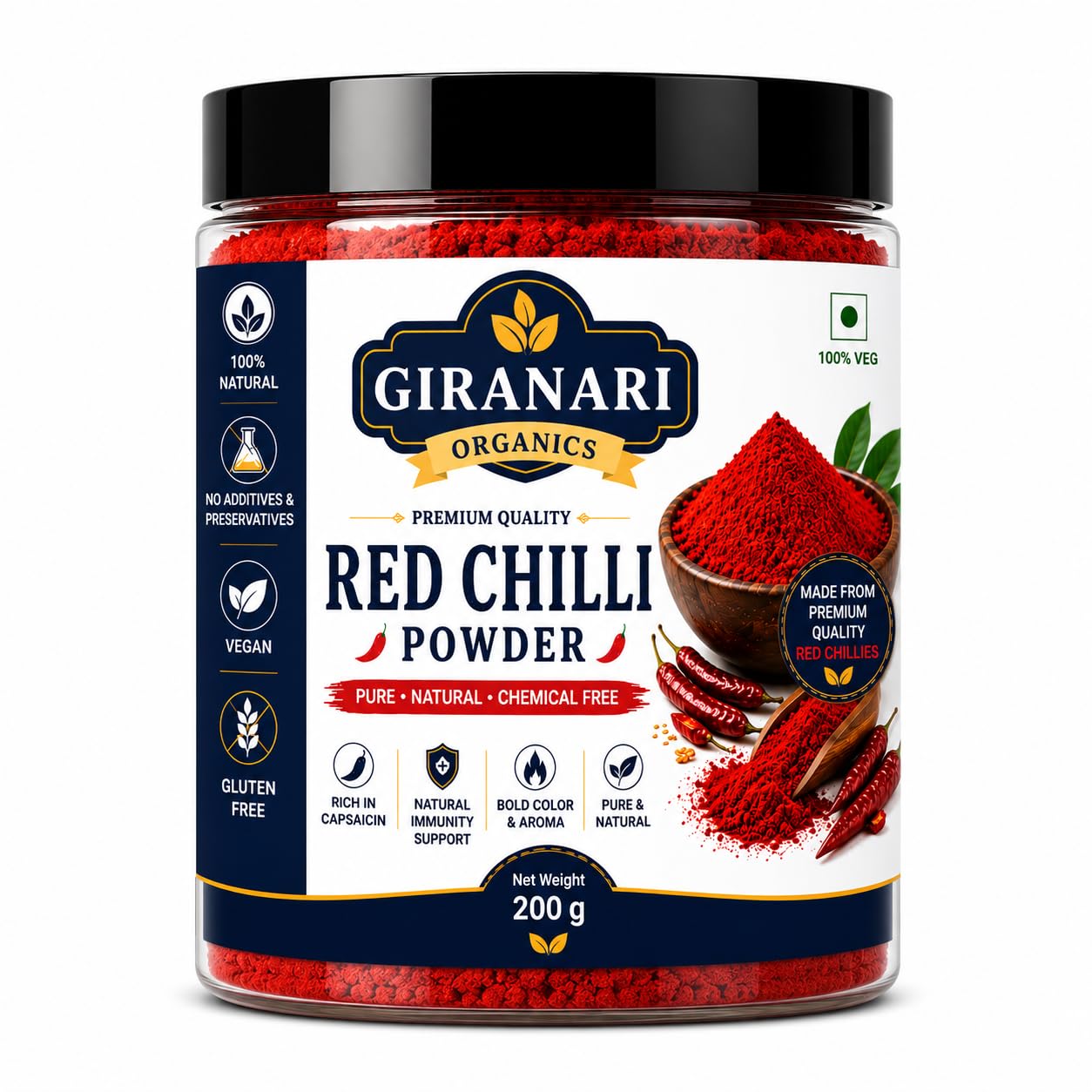 GIRANARI ORGANICS Premium Red Chilli Powder 200g, Pure Natural Ground Red Mirch Powder, Rich Color and Aroma Spice for Cooking, Chemical Free Gluten Free Vegan Masala for Indian Kitchen and Everyday Recipes