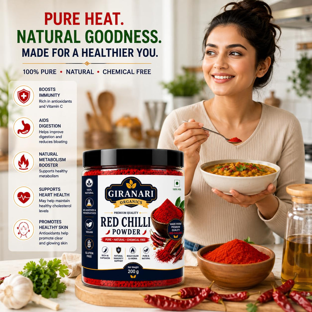 GIRANARI ORGANICS Premium Red Chilli Powder 200g, Pure Natural Ground Red Mirch Powder, Rich Color and Aroma Spice for Cooking, Chemical Free Gluten Free Vegan Masala for Indian Kitchen and Everyday Recipes