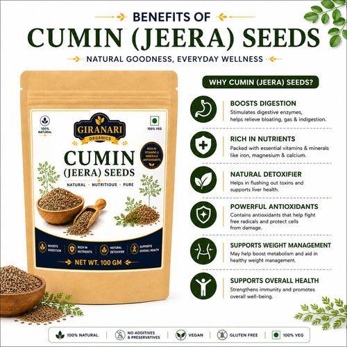 Giranari Organics Cumin (Jeera) Seeds, 100% Natural, Whole Spice, Rich in Nutrients and Antioxidants, Vegan, Gluten Free, 100g