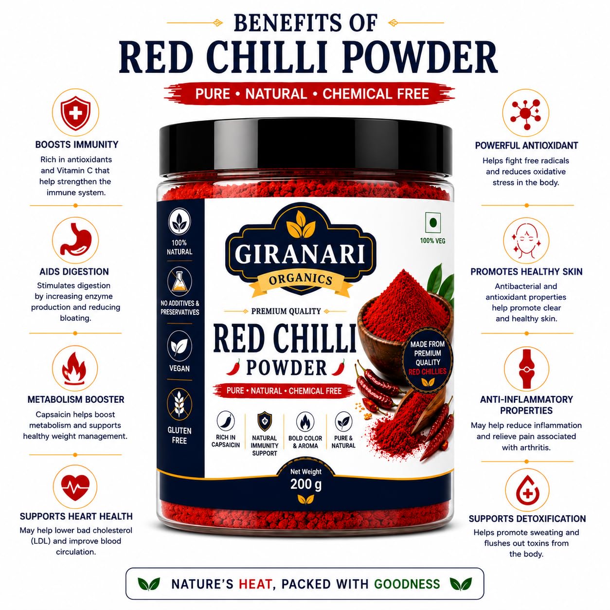 GIRANARI ORGANICS Premium Red Chilli Powder 200g, Pure Natural Ground Red Mirch Powder, Rich Color and Aroma Spice for Cooking, Chemical Free Gluten Free Vegan Masala for Indian Kitchen and Everyday Recipes
