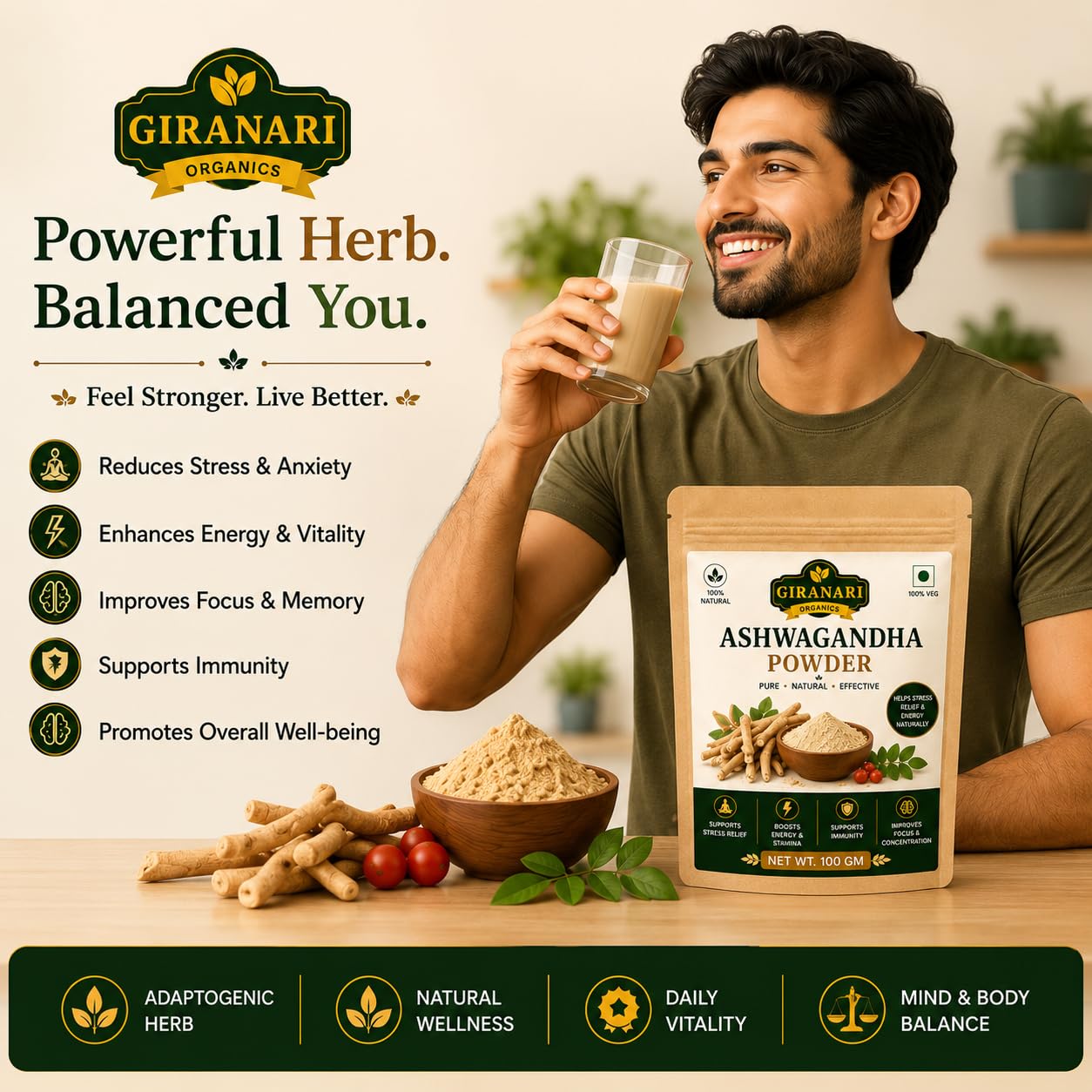 Ashwagandha Powder, 100% Natural, Stress Relief, Boosts Energy & Stamina, Supports Immunity, 100 gm