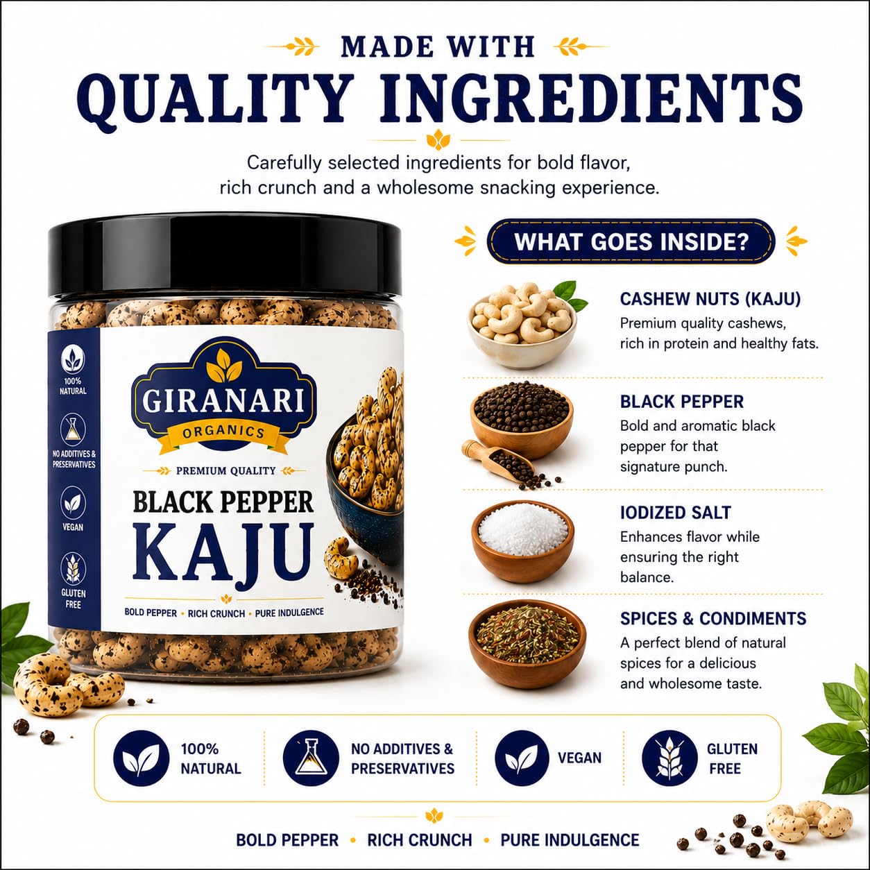 GIRANARI ORGANICS Black Pepper Kaju Premium Roasted Cashews, Crunchy Pepper Flavoured Cashew Nuts Snack, Ready to Eat Gourmet Dry Fruit Munching, Healthy Tea Time Snack for Family and Festive Gifting (250g)