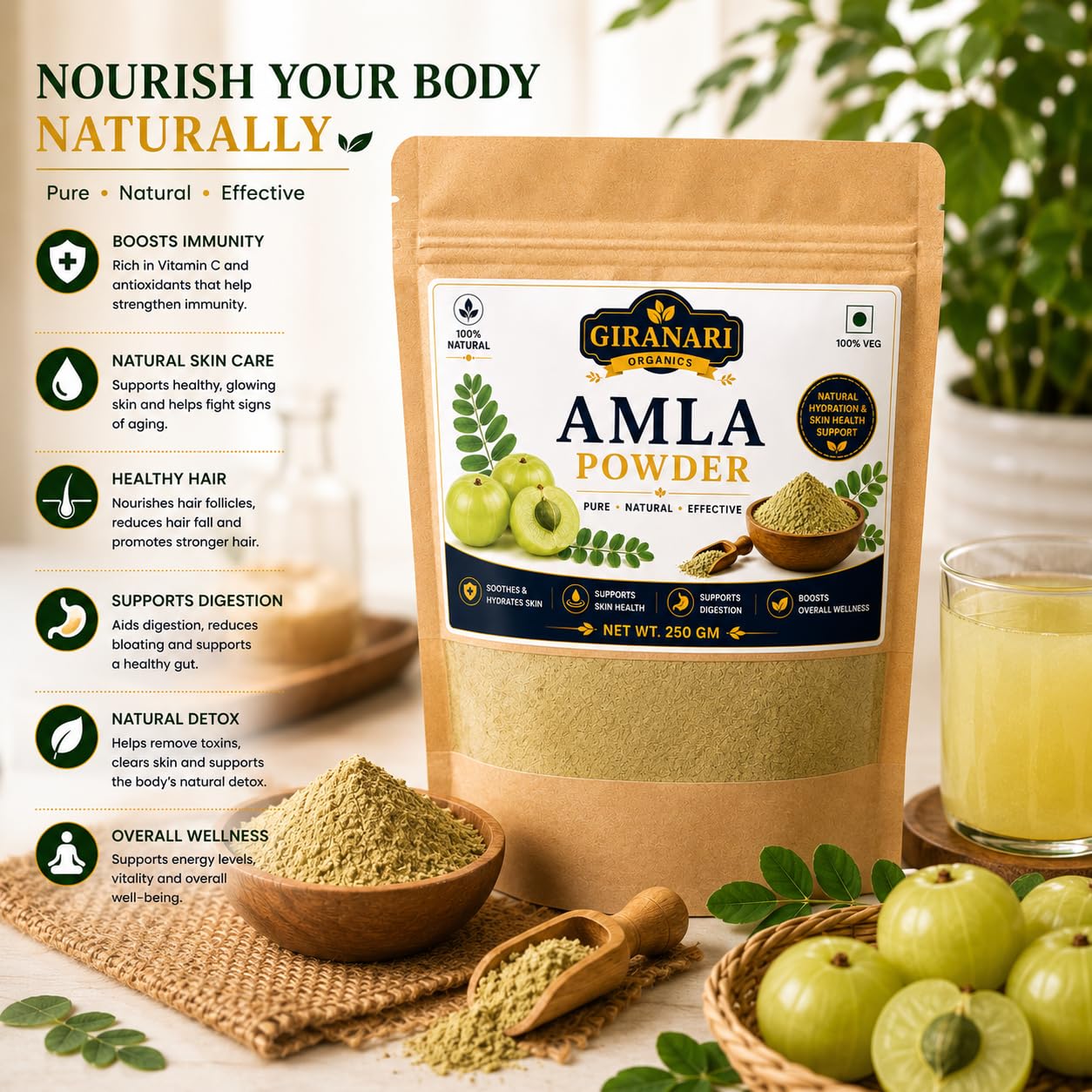 Natural Amla Powder 250g for Hair Skin and Wellness, Pure Indian Gooseberry Powder, Herbal Superfood Rich in Vitamin C, Vegan Gluten Free Amla Powder for Daily Health and Beauty Care