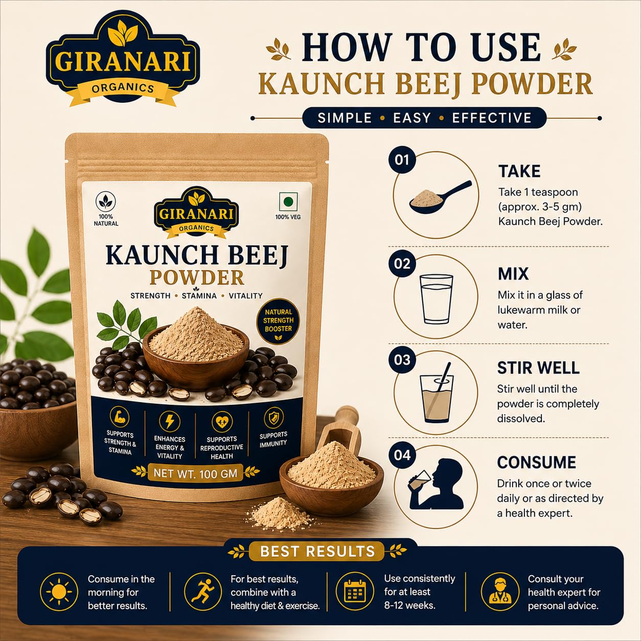 Kaunch Beej Powder, 100% Natural, Supports Strength, Stamina & Vitality, 100 gm