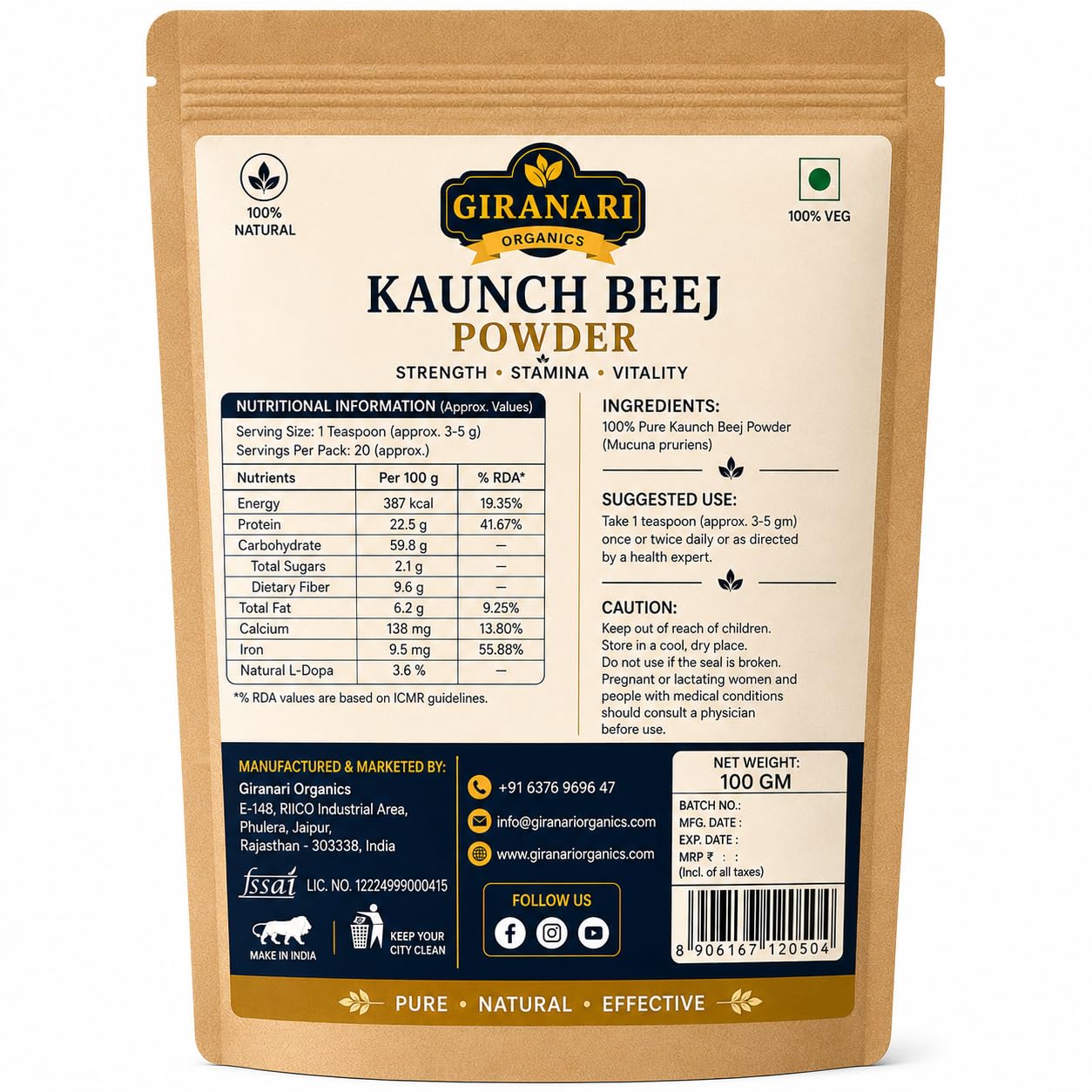 Kaunch Beej Powder, 100% Natural, Supports Strength, Stamina & Vitality, 100 gm