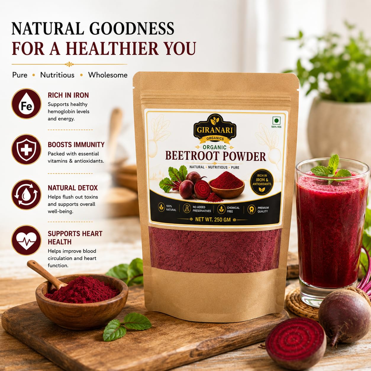 Organic Beetroot Powder, 250g, Rich in Iron and Antioxidants, 100% Natural, Chemical Free