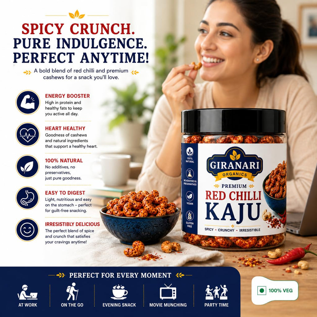 Giranari Organics Premium Red Chilli Kaju, Spicy Crunchy Cashews, 100% Natural, Vegan, Gluten Free, No Additives