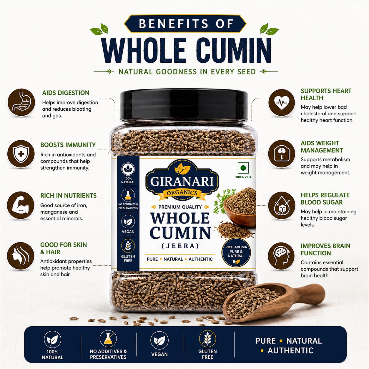 Giranari Organics Whole Cumin (Jeera), 100% Natural, Vegan, Gluten Free