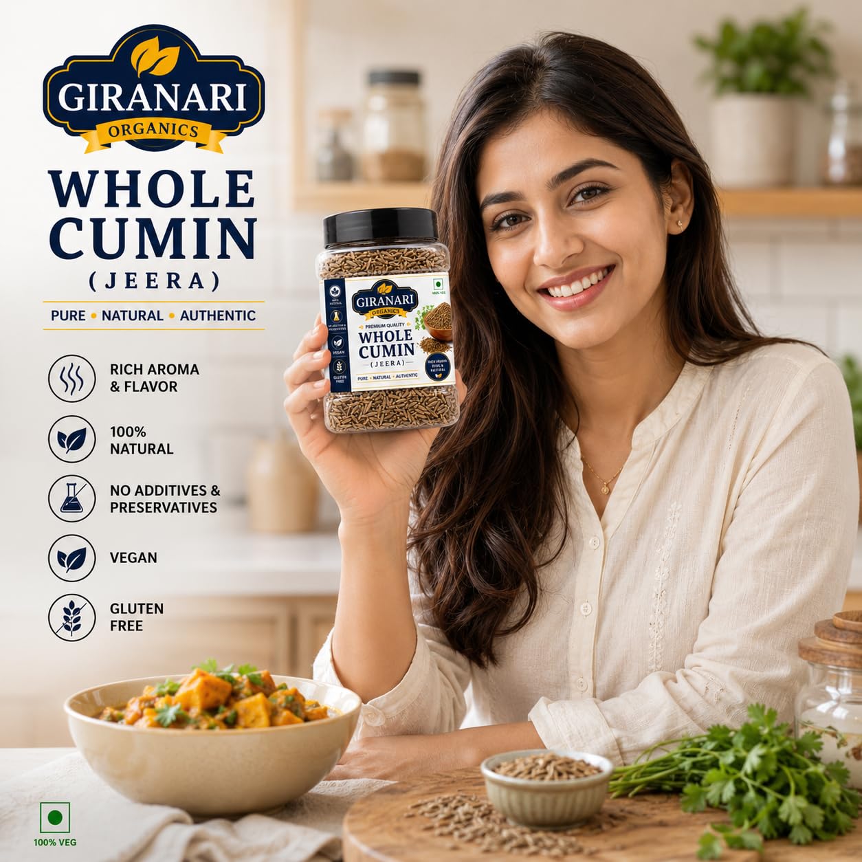 Giranari Organics Whole Cumin (Jeera), 100% Natural, Vegan, Gluten Free