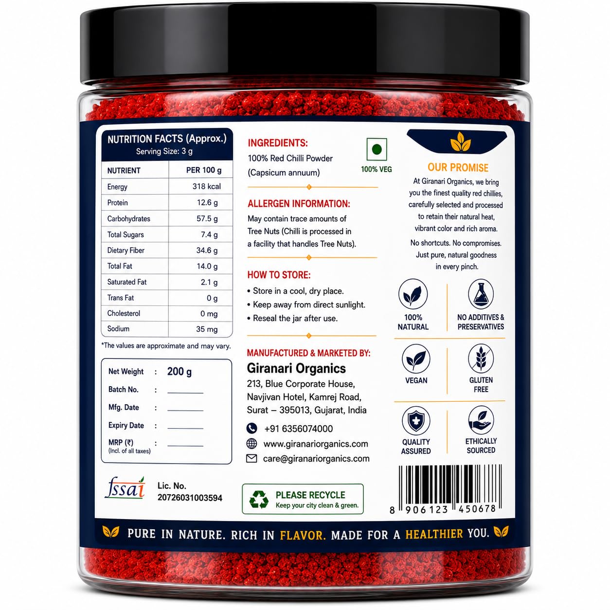 GIRANARI ORGANICS Premium Red Chilli Powder 200g, Pure Natural Ground Red Mirch Powder, Rich Color and Aroma Spice for Cooking, Chemical Free Gluten Free Vegan Masala for Indian Kitchen and Everyday Recipes