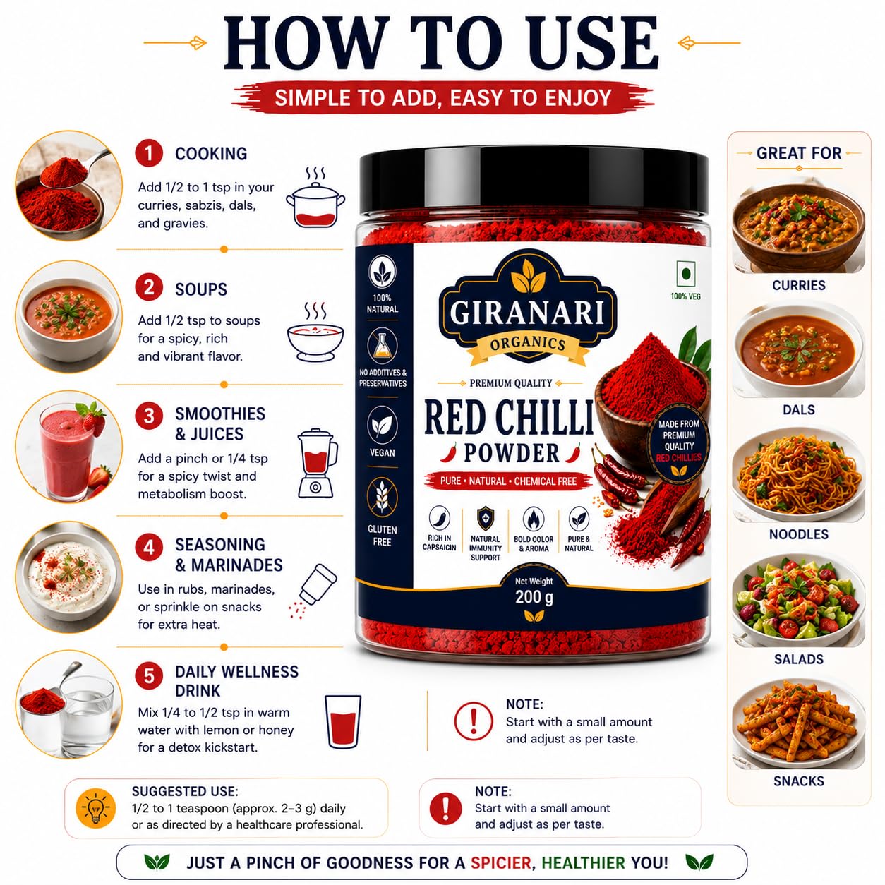 GIRANARI ORGANICS Premium Red Chilli Powder 200g, Pure Natural Ground Red Mirch Powder, Rich Color and Aroma Spice for Cooking, Chemical Free Gluten Free Vegan Masala for Indian Kitchen and Everyday Recipes