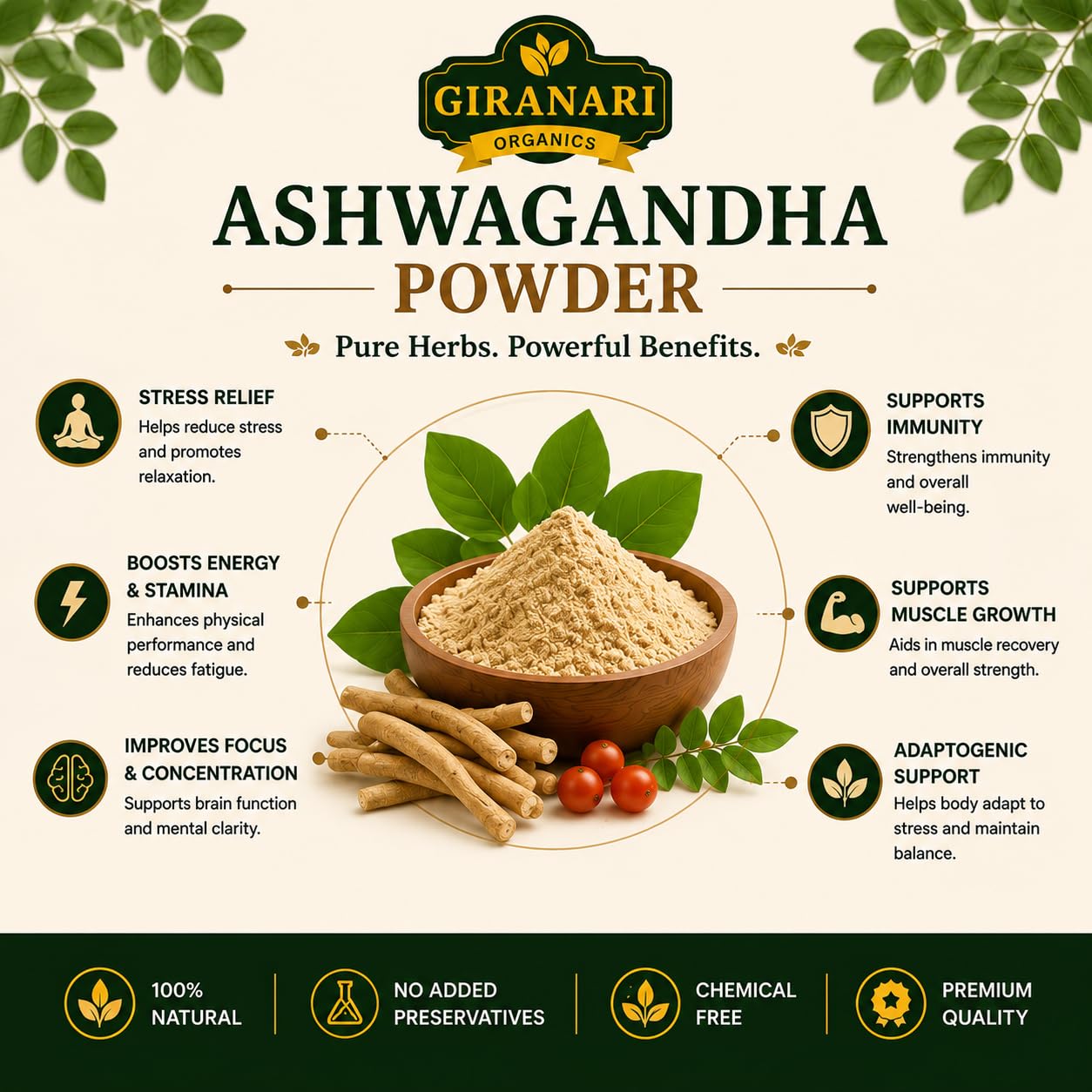Ashwagandha Powder, 100% Natural, Stress Relief, Boosts Energy & Stamina, Supports Immunity, 100 gm