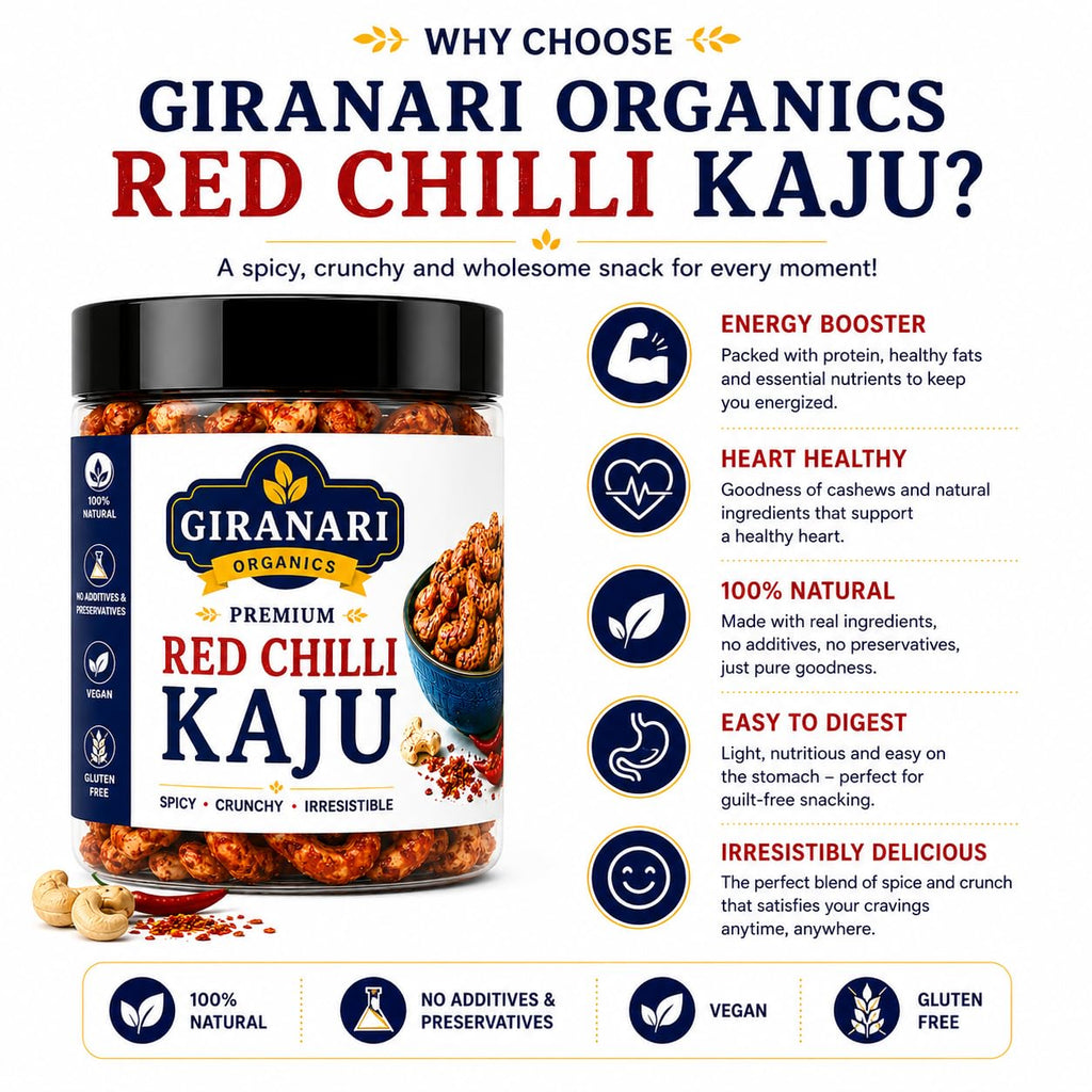 Giranari Organics Premium Red Chilli Kaju, Spicy Crunchy Cashews, 100% Natural, Vegan, Gluten Free, No Additives