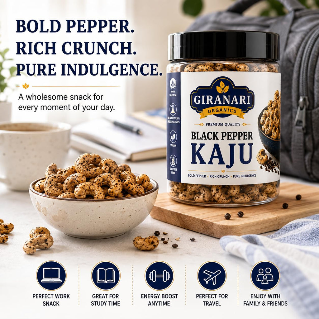 GIRANARI ORGANICS Black Pepper Kaju Premium Roasted Cashews, Crunchy Pepper Flavoured Cashew Nuts Snack, Ready to Eat Gourmet Dry Fruit Munching, Healthy Tea Time Snack for Family and Festive Gifting (250g)