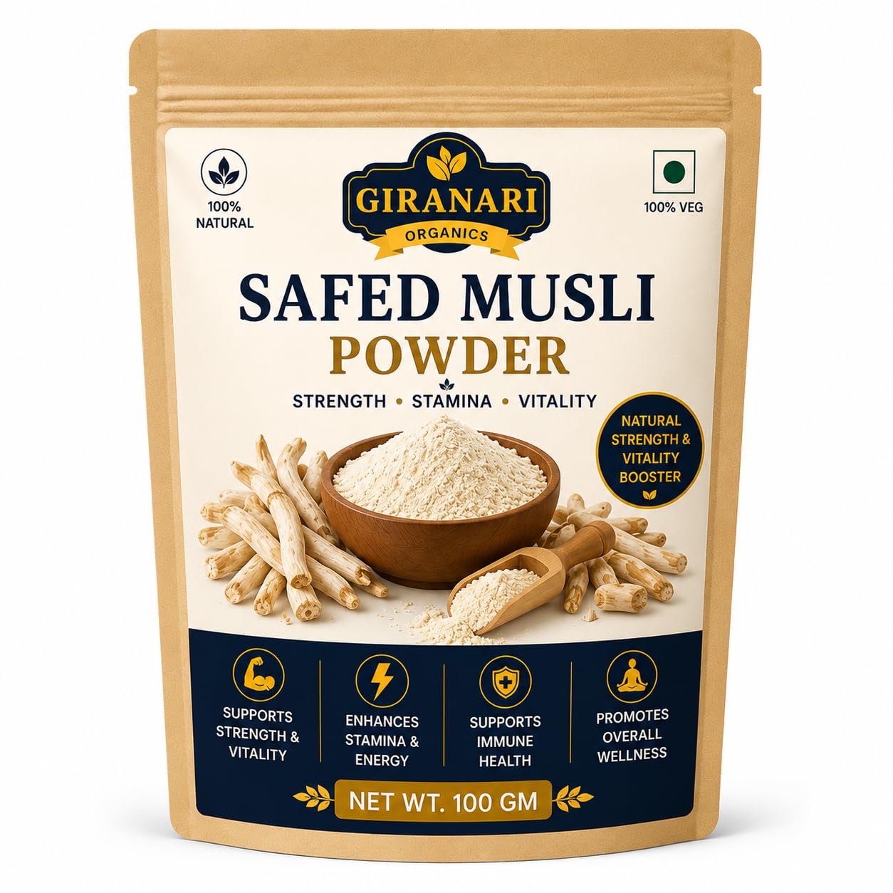 Safed Musli Powder, 100% Natural, Strength, Stamina & Vitality Booster, Supports Immune Health, 100 gm