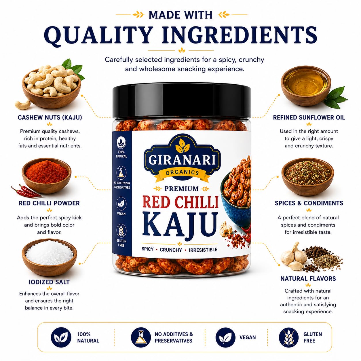 Giranari Organics Premium Red Chilli Kaju, Spicy Crunchy Cashews, 100% Natural, Vegan, Gluten Free, No Additives