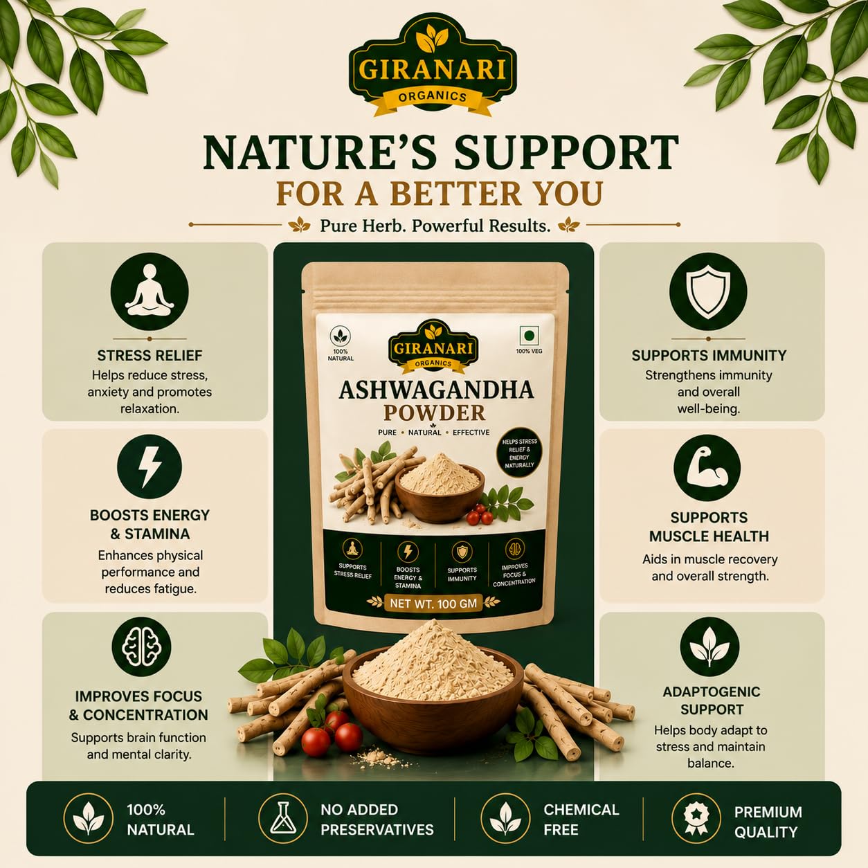 Ashwagandha Powder, 100% Natural, Stress Relief, Boosts Energy & Stamina, Supports Immunity, 100 gm