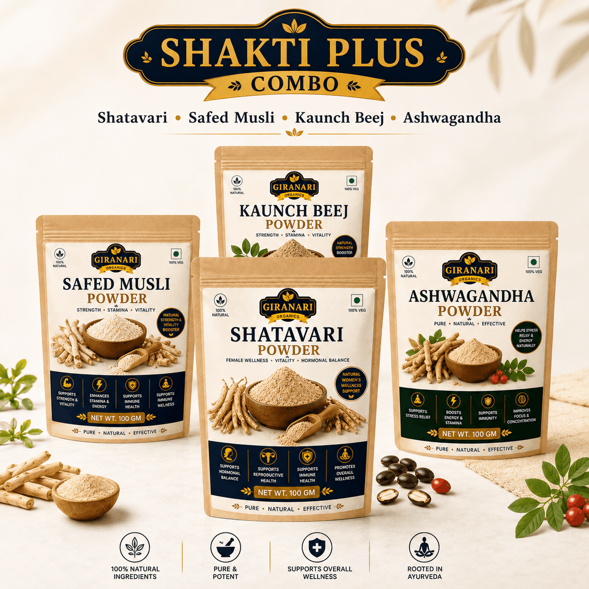Herbal Powder Combo, Shatavari, Safed Musli, Kaunch Beej, Ashwagandha, 100 gm Each, Strength & Stamina