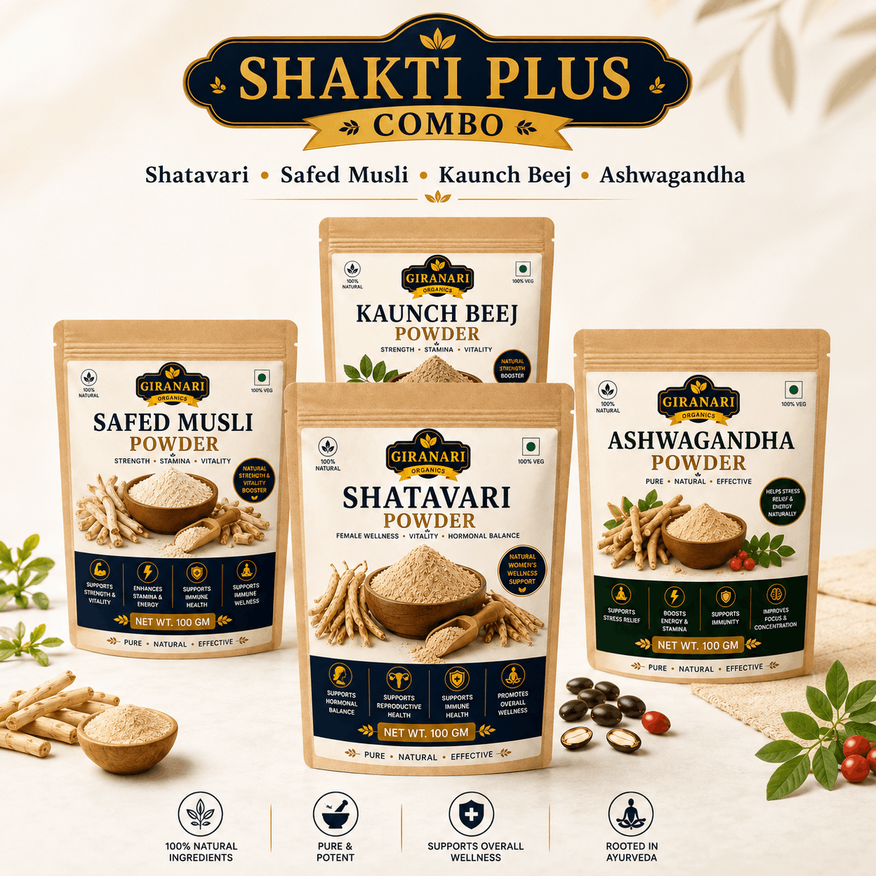 Herbal Powder Combo, Shatavari, Safed Musli, Kaunch Beej, Ashwagandha, 100 gm Each, Strength & Stamina