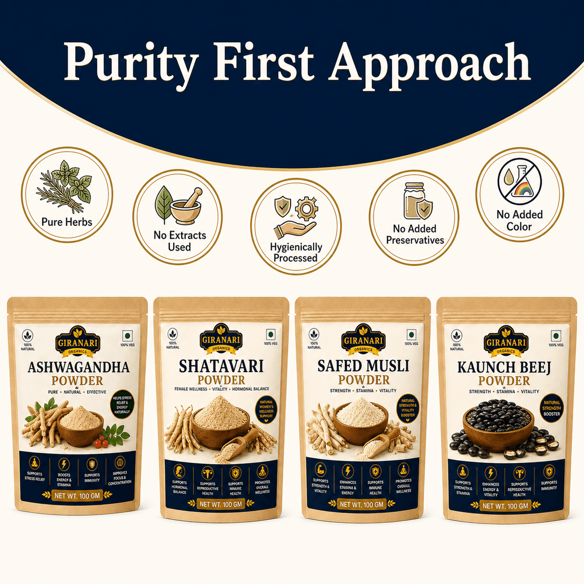 Herbal Powder Combo, Shatavari, Safed Musli, Kaunch Beej, Ashwagandha, 100 gm Each, Strength & Stamina